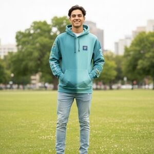 Teddy Fresh Wavy Dip Dye Hoodie Size Small In Teal Blue Embroidered Sleeves